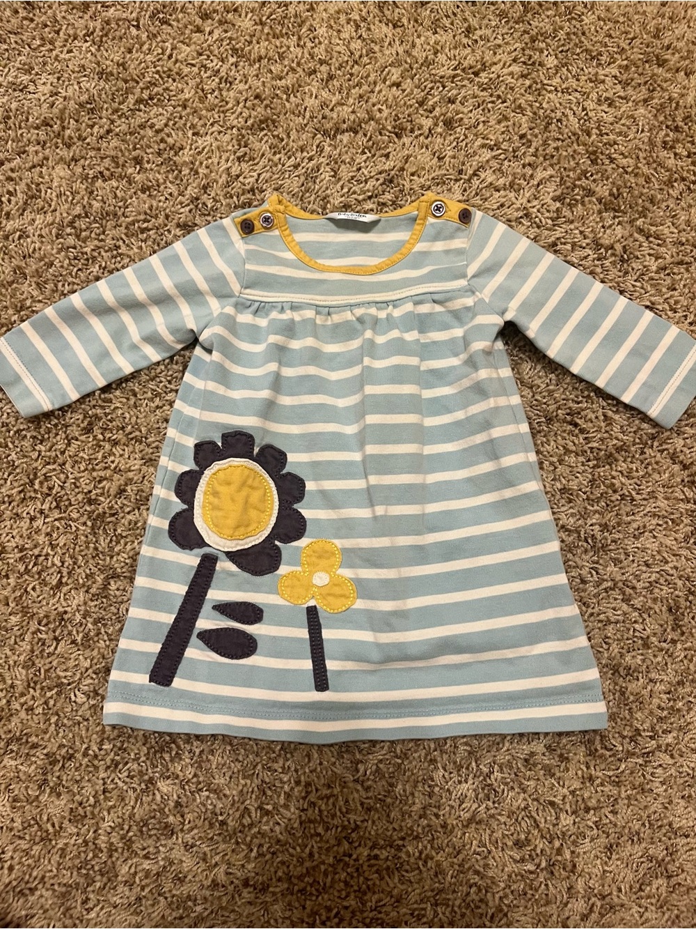 Baby Boden Light Blue & White Striped Dress with Yellow Floral Appliqué